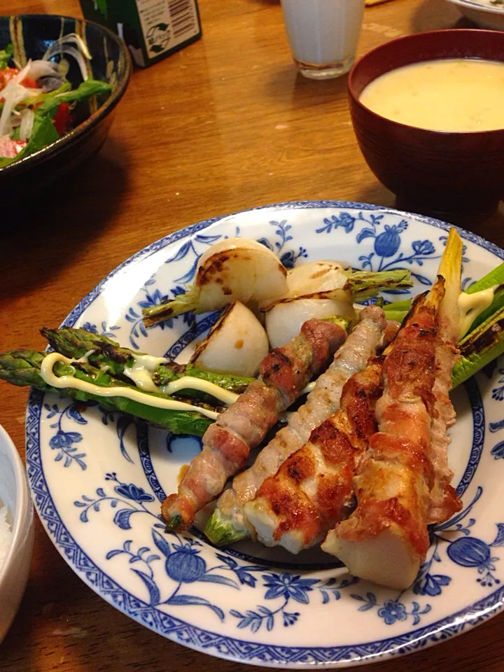 たけのこの豚肉巻き、野菜のグリル|さんだーさん