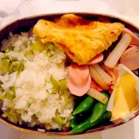 Snapdishの料理写真:絹さや御飯のお弁当(絹さやの炊き込み御飯、スナップえんどう タバスコマヨネーズ添え、魚肉ソーセージと大根の炒め物、卵焼き)|Kazuo Moriさん