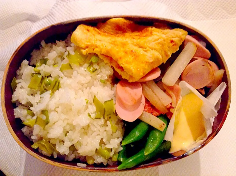 Snapdishの料理写真:絹さや御飯のお弁当(絹さやの炊き込み御飯、スナップえんどう タバスコマヨネーズ添え、魚肉ソーセージと大根の炒め物、卵焼き)|Kazuo Moriさん