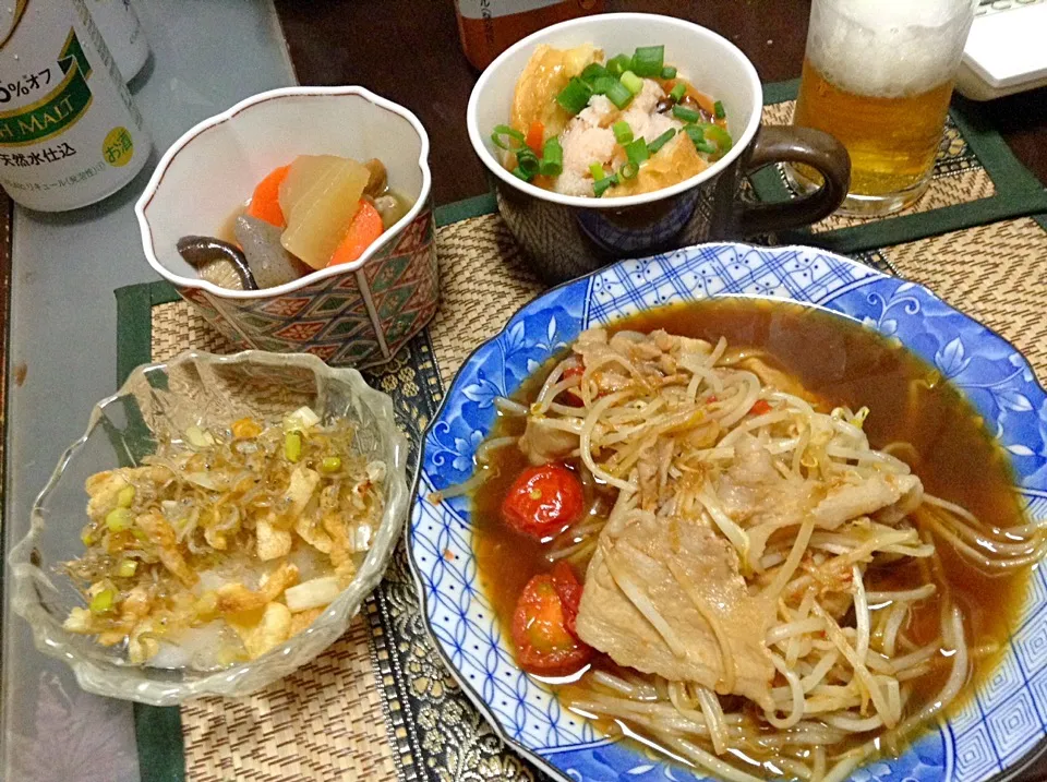 Snapdishの料理写真:煮物＆大根おろし＆蟹缶＆もやし豚肉炒め|まぐろさん