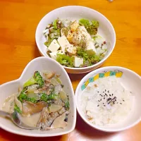 Snapdishの料理写真:回復食！豆乳きのこスープとお粥と豆腐サラダ|ユウキさん