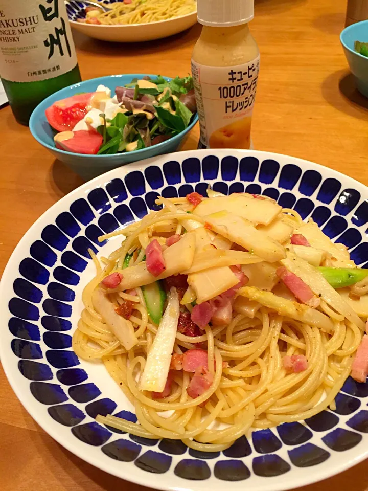 Snapdishの料理写真:たけのことアスパラ2種、ベーコンのパスタ|samanthaさん