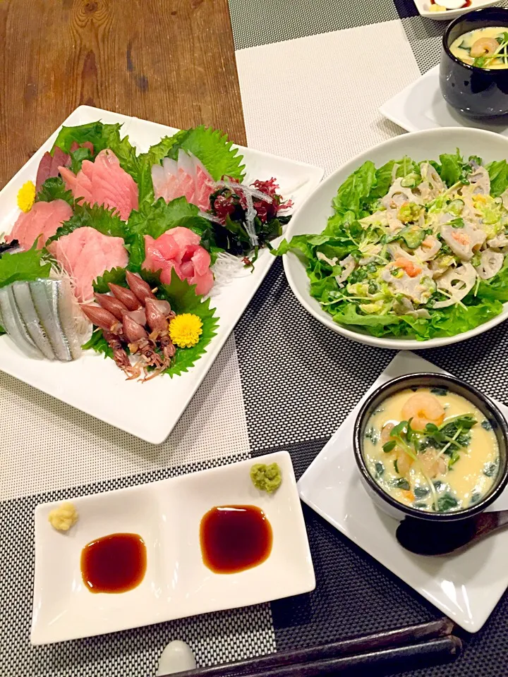 今日はお刺身盛り合わせ🐟ヘルシオでお初料理の茶碗蒸し、蓮根の明太マヨサラダ🍀|まみりんごさん