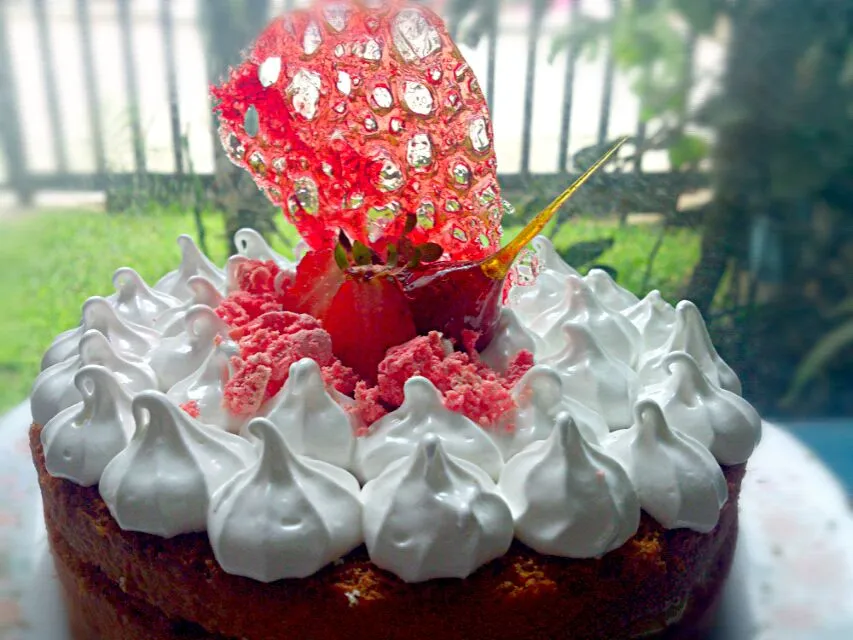 Snapdishの料理写真:Strawberry Cake with custard, italian meringue, caramel rouge, macaron powder|eloy HEさん