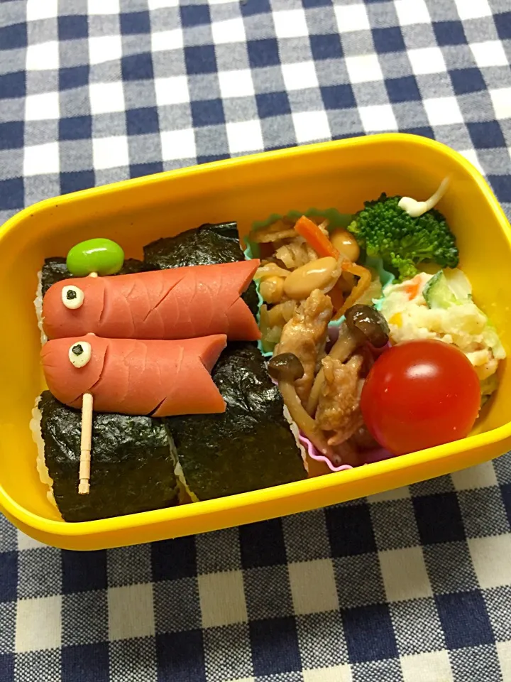 Snapdishの料理写真:ちょっと早いこどもの日のこいのぼりウインナーと豚肉の生姜焼き弁当|kiicoさん