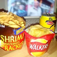 Snapdishの料理写真:Kongshi Shrimp flavoured crisps, Walkers Ready Salted crisps and can of Best-in Caribbean fruit punch  #munchies #shrimp #crisps #multicultural #onions