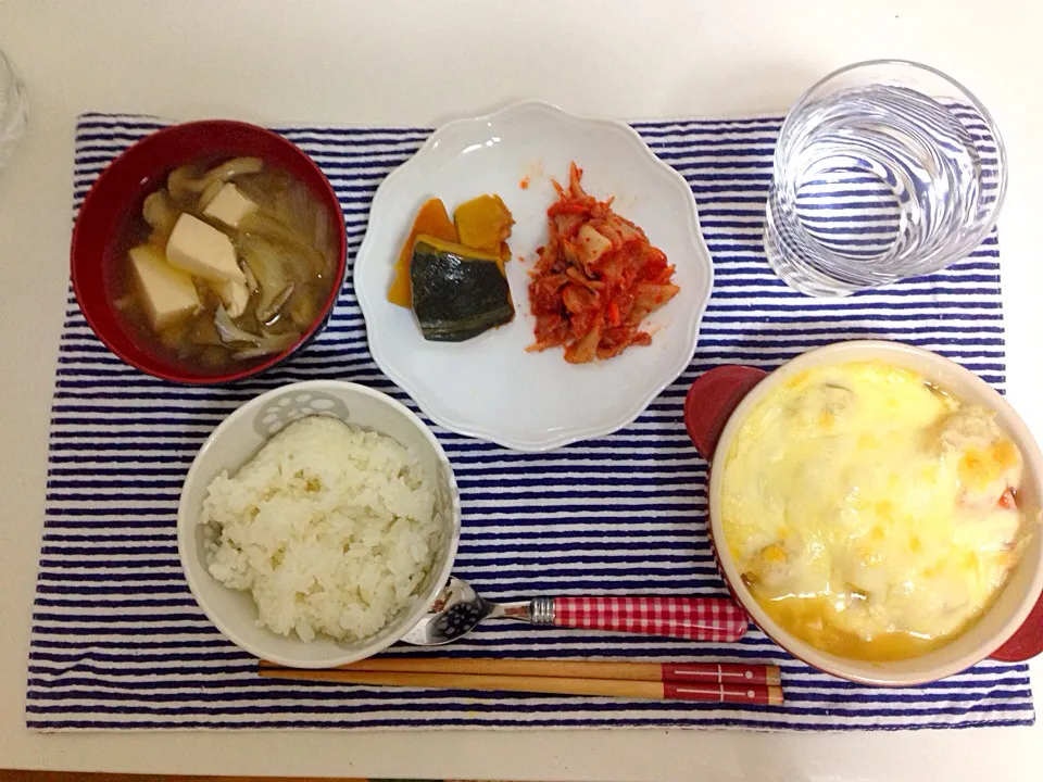 今日の晩御飯☆ポテトグラタン、キムチ、かぼちゃ煮、キノコのお味噌|あさこさん