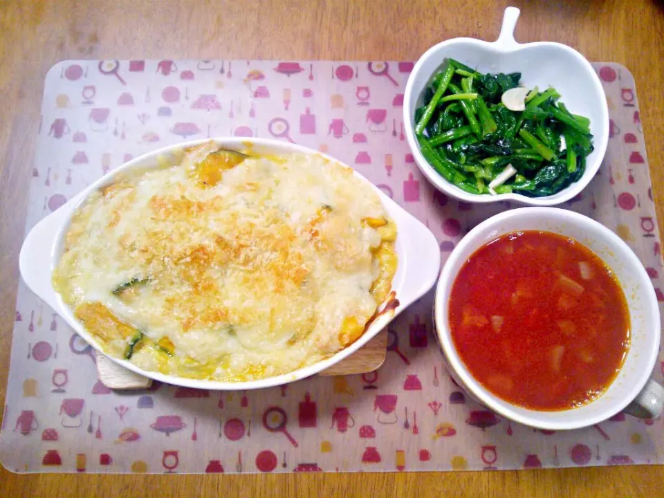 ４月２9日 かぼちゃグラタン ほうれん草のにんにく炒め トマトスープ|いもこ。さん