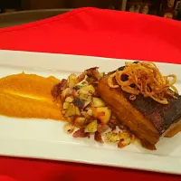 Citrus glazed pork belly with fingerling potato hash, crispy fried shallots and butternut puree|ryan cornwallさん