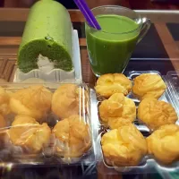 Choux Créme & greentea roll cake & green bubble tea|Hà Myさん