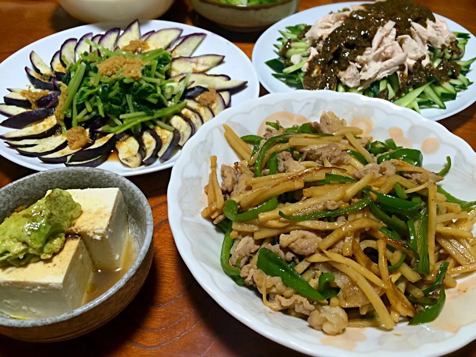 チンジャオロース、バンバンジー、蒸し茄子と豆苗の生姜ポン酢、アボカド豆腐|shioriさん