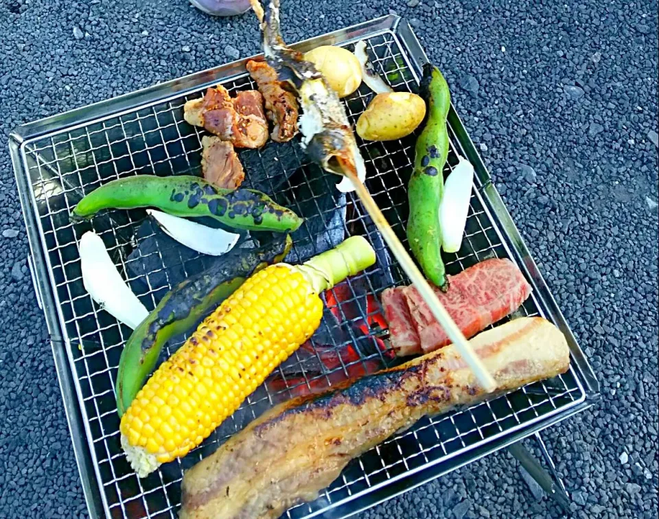 Snapdishの料理写真:BBQ🌽🍗チャーシューは３日漬け込んで、マスは釣りました～🎣|みうのすけさん