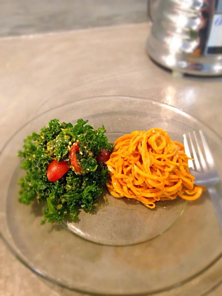 Snapdishの料理写真:Sweet Potato Noodles with Miso Sauce & Wilted Kale Salad|Pamela J. Thomasさん