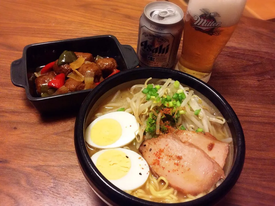 ラ王袋麺で味噌ラーメン、残りモノ肉団子 2015.5.1|キラ姫さん