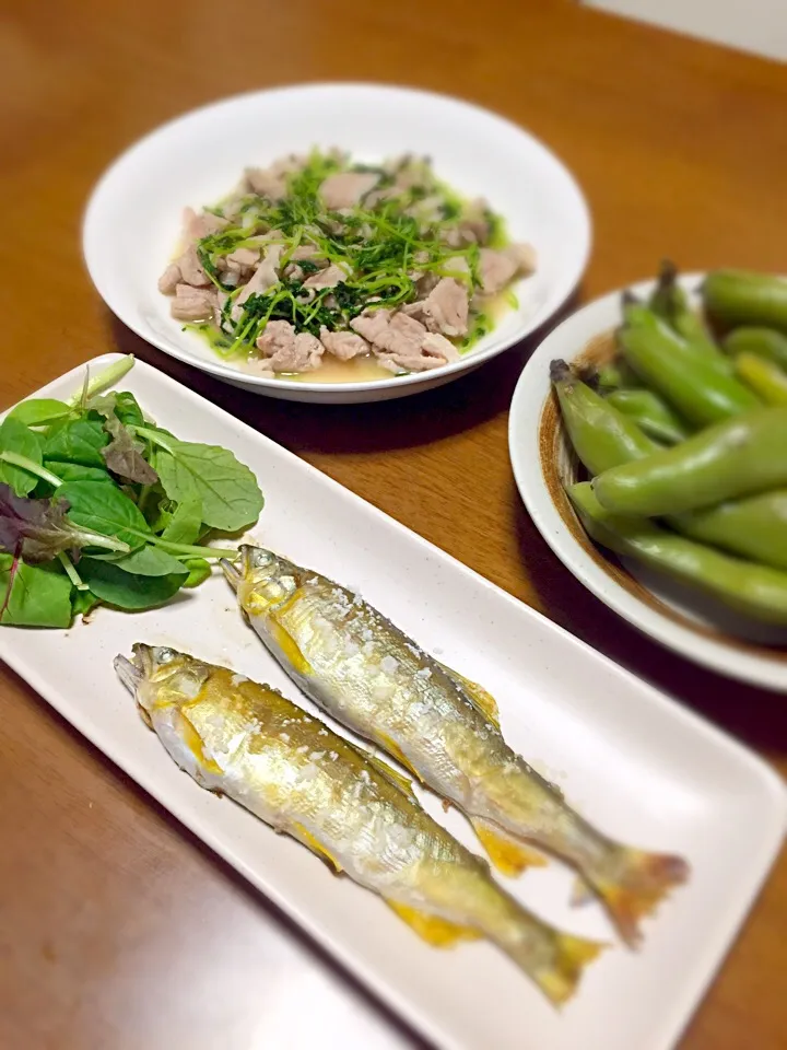 鮎の塩焼き。豆苗と豚肉の炒め物。焼き空豆。|junjunさん