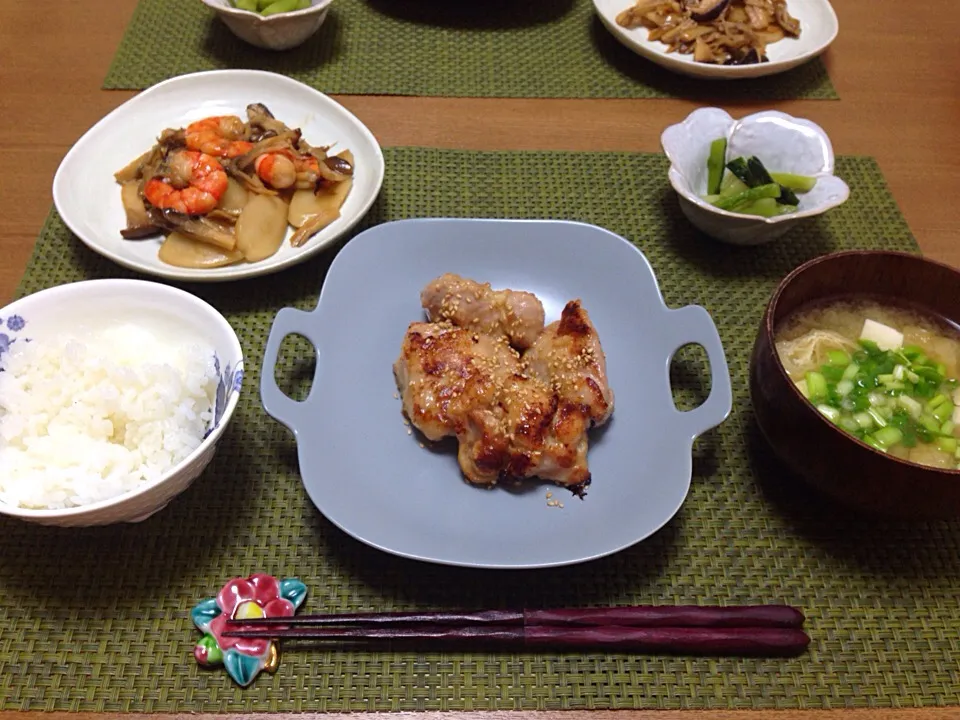 鳥の南部焼き☆トックのオイスター炒め☆野沢菜☆お味噌汁☆|Milfeliceさん