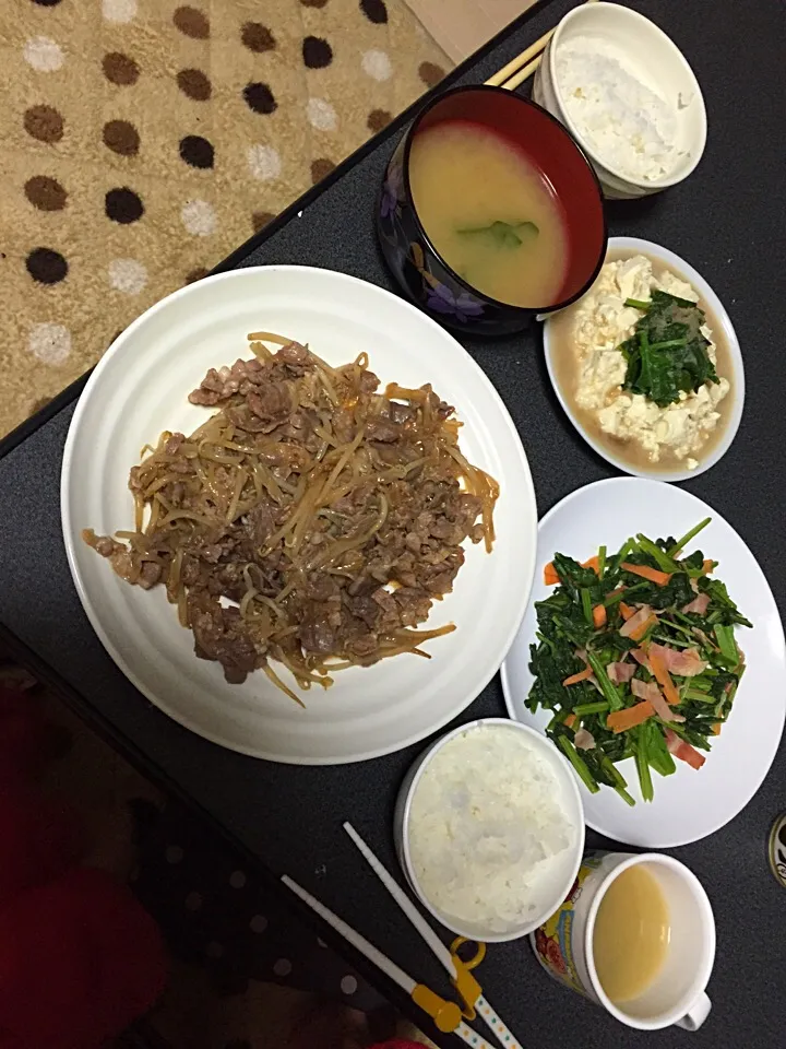 焼肉風・かきなベーコン炒め・豆腐|うるしちかさん