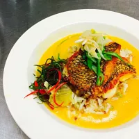 Pan seared Black Sea bass, butternut & lemon grass broth|Shawn F Doyle CECさん