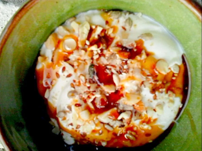 plain yoghurt with chopped nuts and seeds and drizzled with date syrup. #yummy #healthy|Elizabethさん