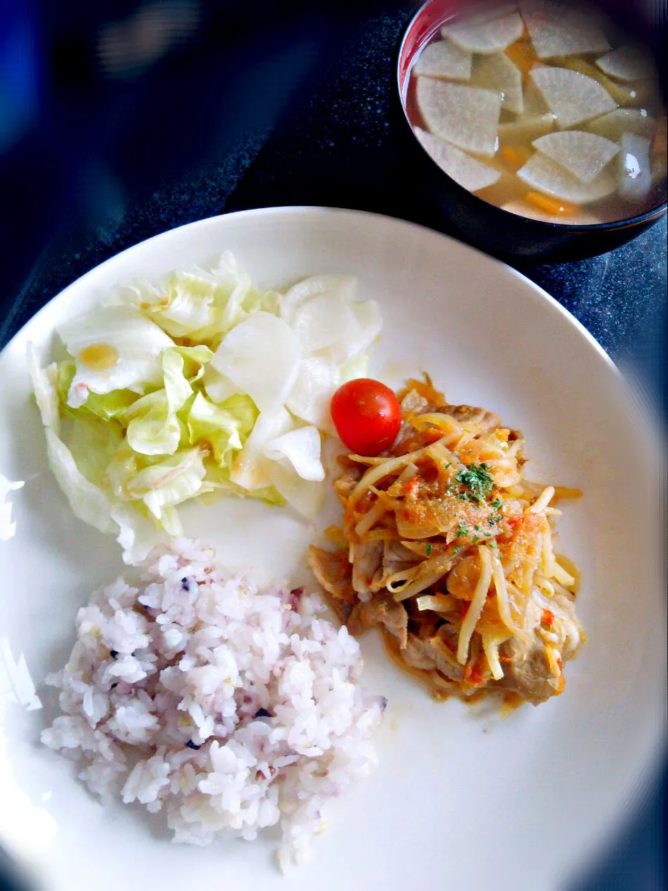 もやしとすりおろし野菜のしょうが焼き
大根のハチミツレモンマリネサラダ
けんちん汁|吉田朋美さん