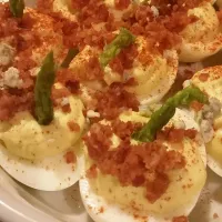 Roasted Garlic Asparagus Bacon and Blue Cheese Deviled Eggs