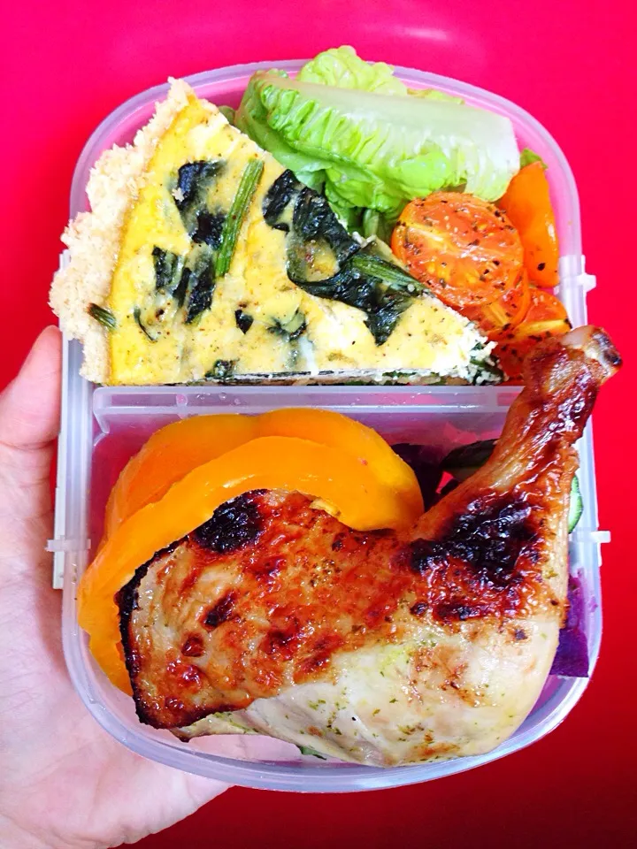 Snapdishの料理写真:Today's bento - spinach feta pie, citrus-marinated chicken thigh, purple sweet potatoes, assortment of vegetables|coxiella24さん