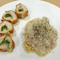 Pork stuffed with spinach served with spaghetti white sauce|koykoyさん