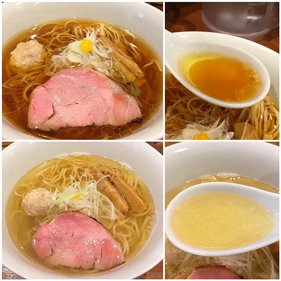 Snapdishの料理写真:上段：鶏スープ＋醤油ラーメン、下段：魚介＋塩ラーメン@想(逗子)|塩豚骨さん