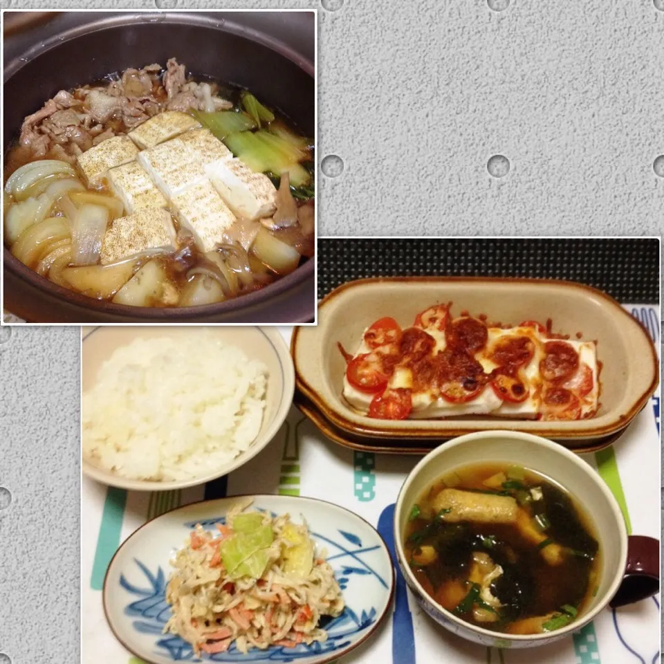 Snapdishの料理写真:豚のすき煮・はんぺんのトマチーズ焼き・小松菜と油揚げのお味噌汁・切り干しとシラスのマヨ和え|美也子さん