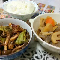 Snapdishの料理写真:筑前煮とイカの味噌炒めの晩ご飯|やすさん