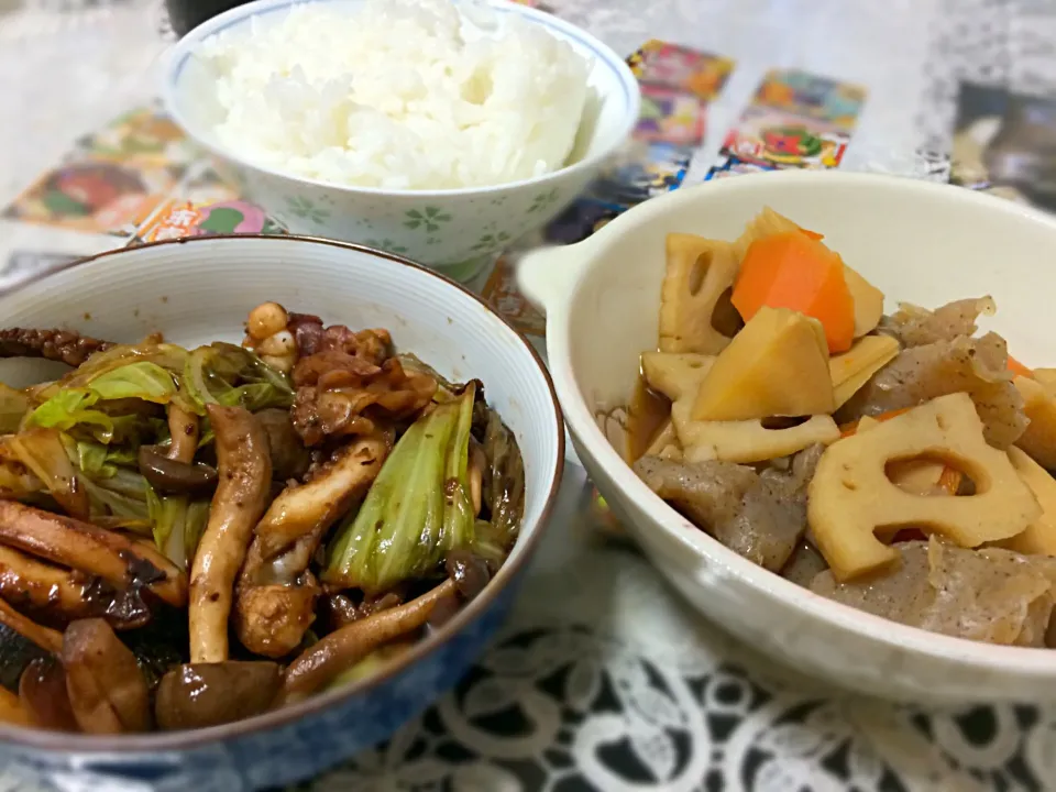 Snapdishの料理写真:筑前煮とイカの味噌炒めの晩ご飯|やすさん