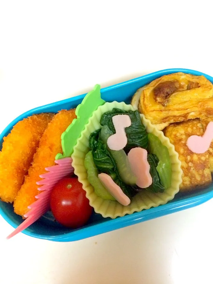 Snapdishの料理写真:ウナ玉子焼き  青梗菜チリソース巻  エビカツ  プチトマト        今日は手抜き感否めない💦|FKTさん