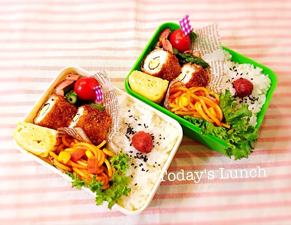 〜今日のお弁当〜ささ身チーズ海苔ロールフライ。アスパラとベーコン炒め。ナポリタン。玉子焼き。|Brendaさん