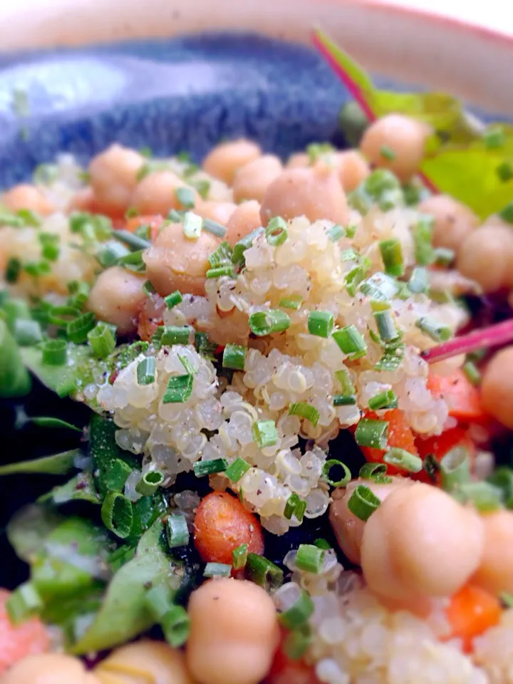 Chickpea and quinoa salad with spinach and a lemon-herb dressing.|Cerita Choletteさん