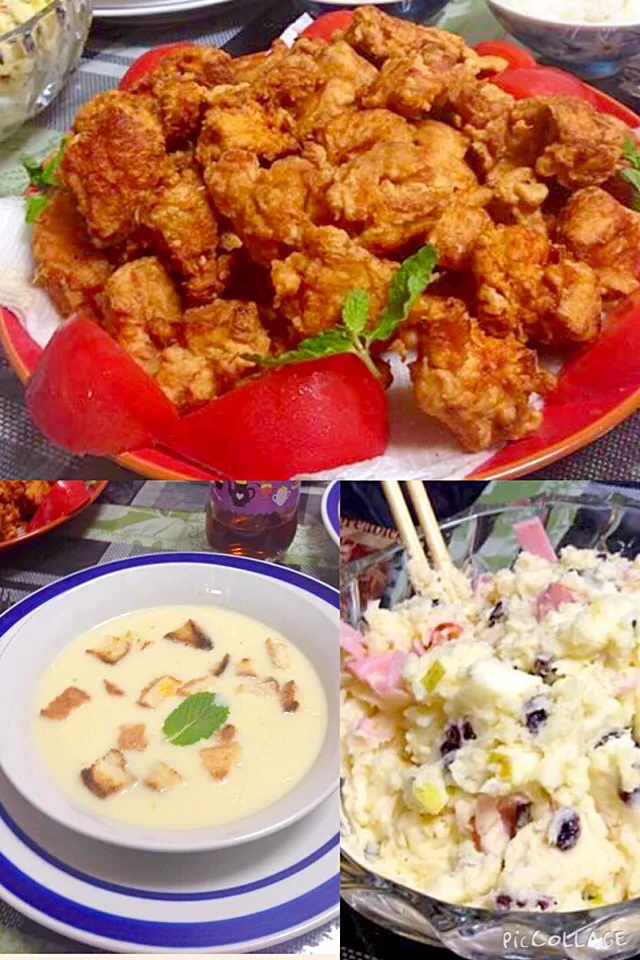 Dinner is serve Crispy Fried Chicken , corn pottage and mashed potato salad with green apple and ham let's dig in ...😋|Babyluv Cabrera Ocampoさん