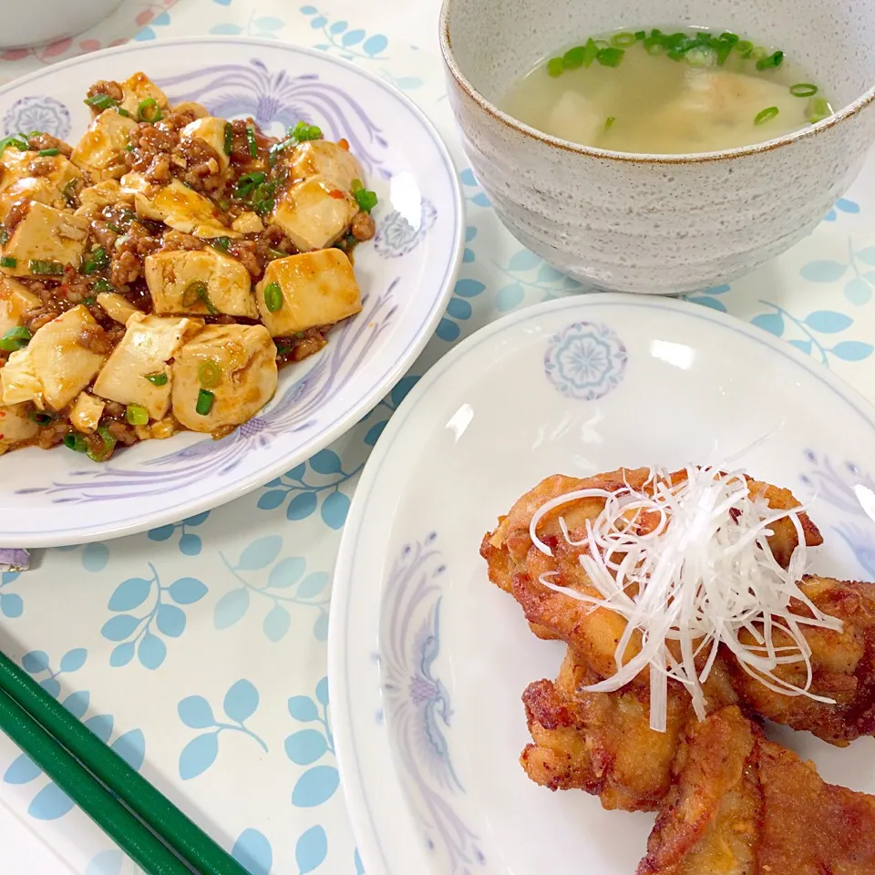 麻婆豆腐、鶏肉からあげ、海老ワンタンスープ|あきさん