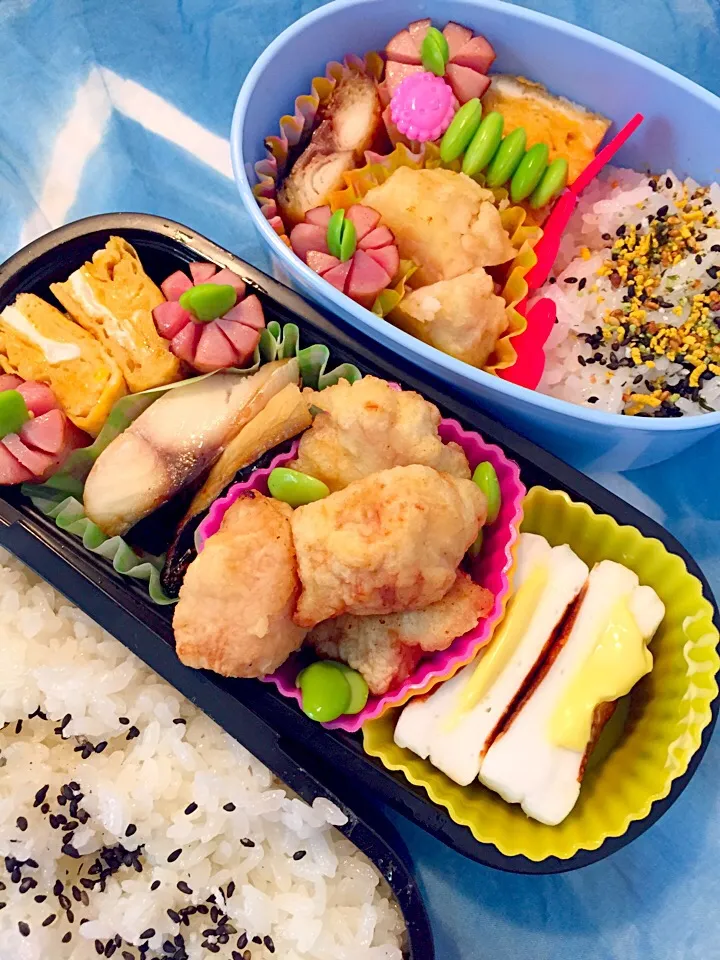 Snapdishの料理写真:とり天弁当！ 塩サバ はんぺんチーズ 卵焼き ウィンナー|asamisaraさん