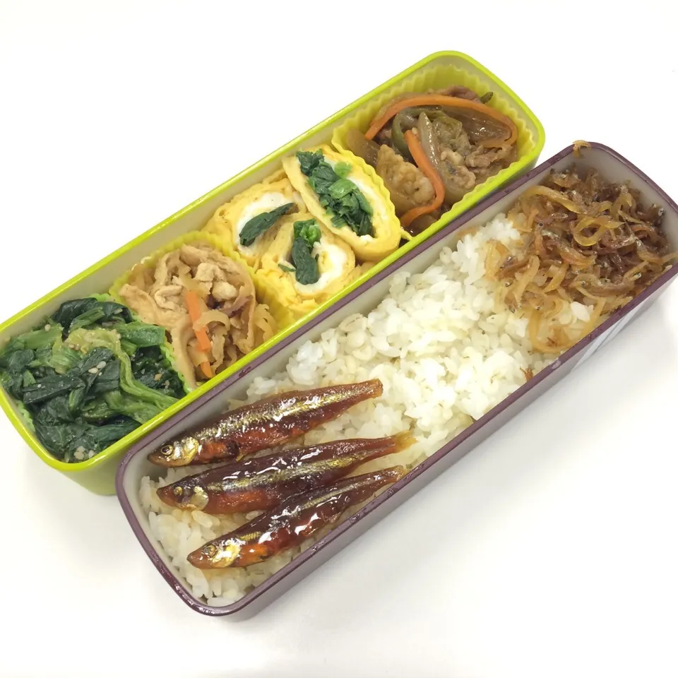 弁当（プルコギ風焼肉、ほうれん草入り玉子焼き、切干し大根、ほうれん草胡麻和え、わかさき佃煮、ちりめん生姜）|SasaMasa213さん