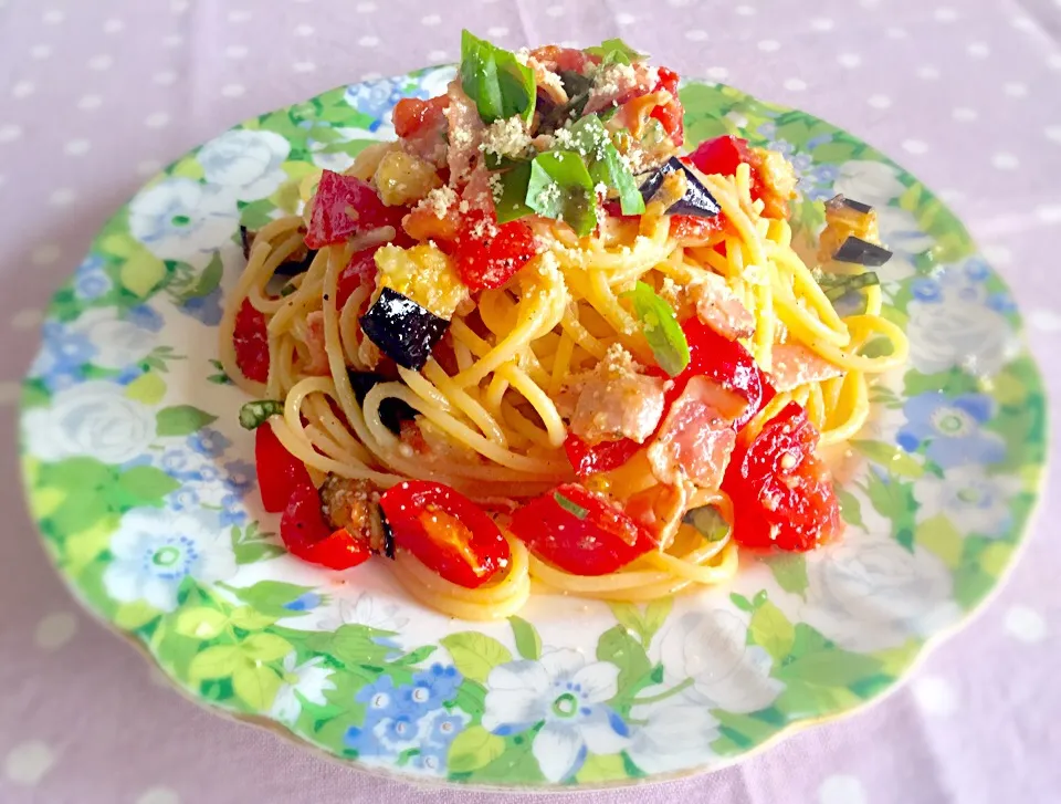 茄子とトマトの冷製パスタ|たっちゃんさん