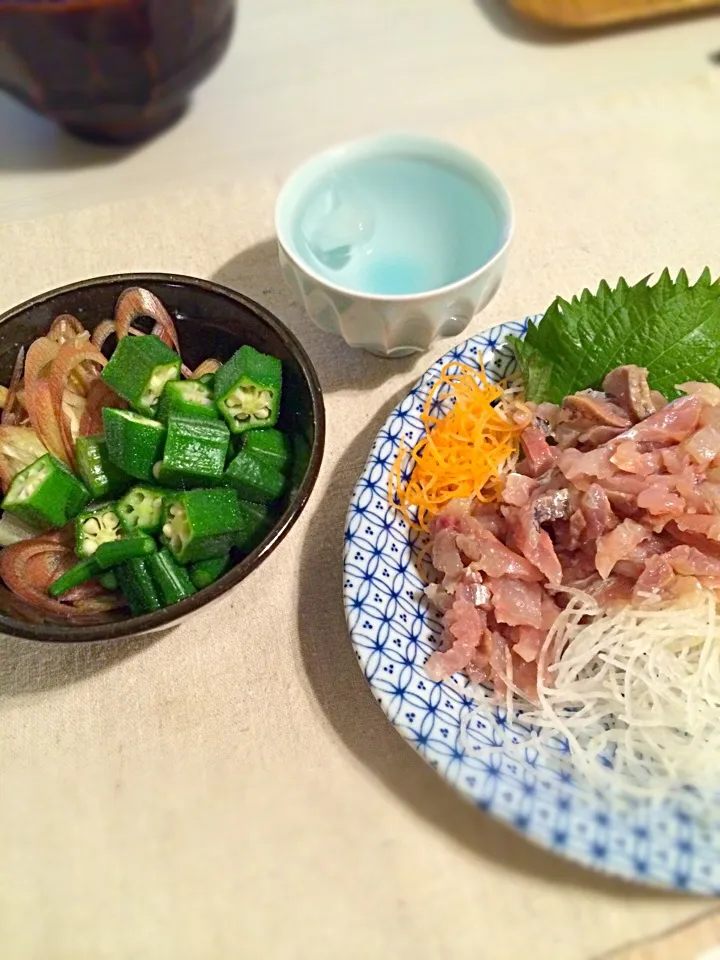 蕎麦のお供。薬味と鯵のたたき刺身|わきさん