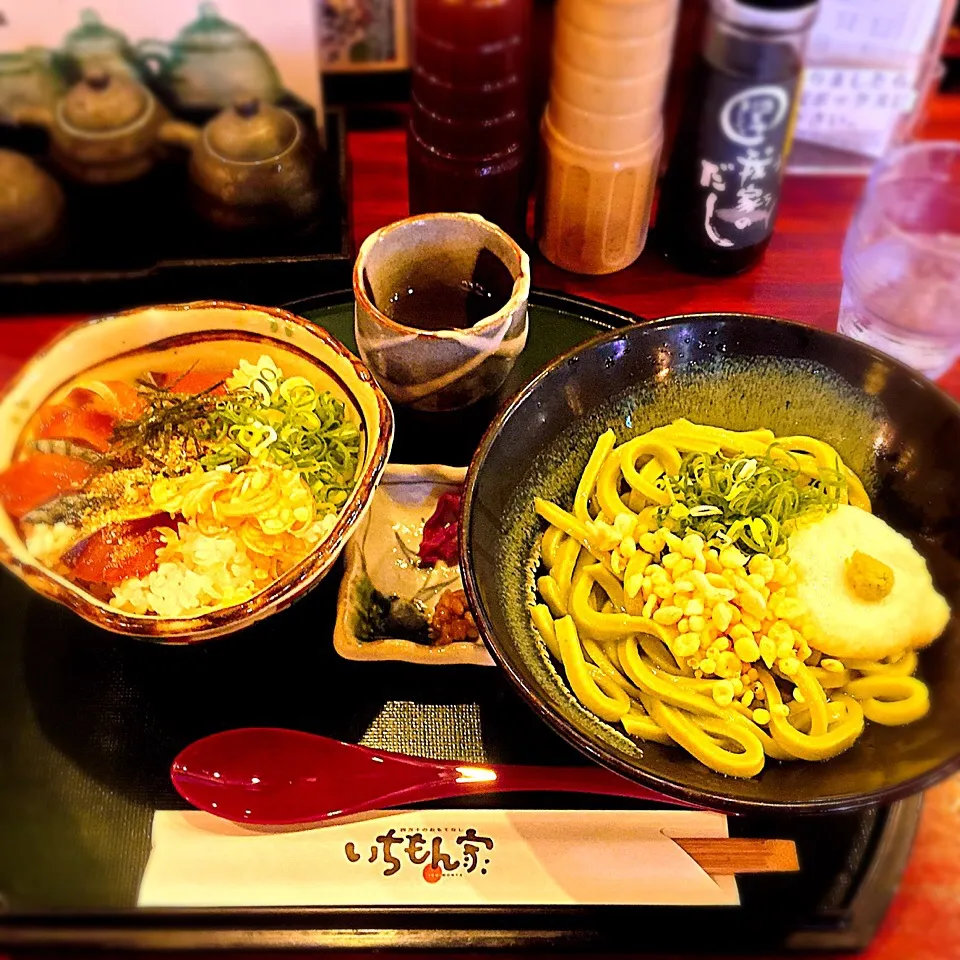 『ぶっかけとろろ青のりうどん』と『清水さばの漬け丼』のセット|ち〜おんさん