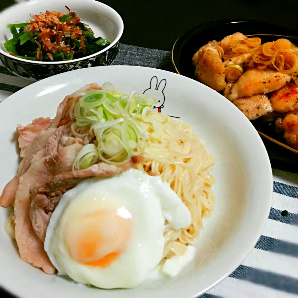 ✡油そば風そうめん✡鳥胸ﾈｷﾞﾎﾟﾝ✡ほうれん草のお浸し|もこハムさん