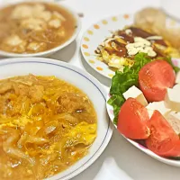 5月8日(金)晩御飯♡
昨日の残り物をリメイク料理～!！

ヒレカツの卵とじ♪
キャベツの卵焼き♪（お好み焼き風）
豆腐もやしあん♪
サラダ♪|ぷぅみゃんさん