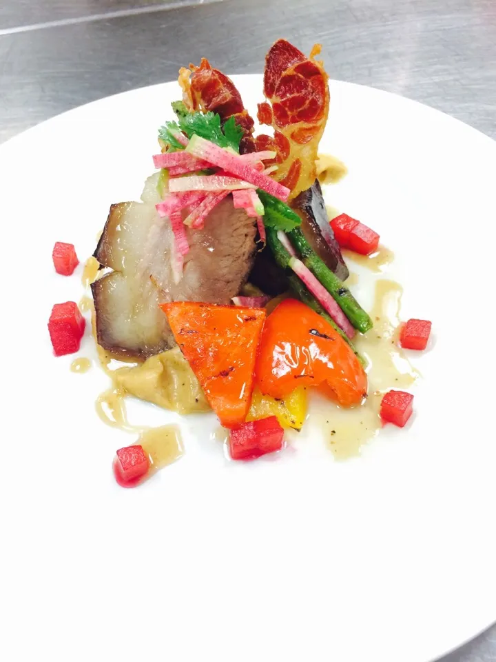 Smoked Pork Belly w/ celeriac and apple purée, pickled watermelon and seasonal veg|Milka Papricaさん