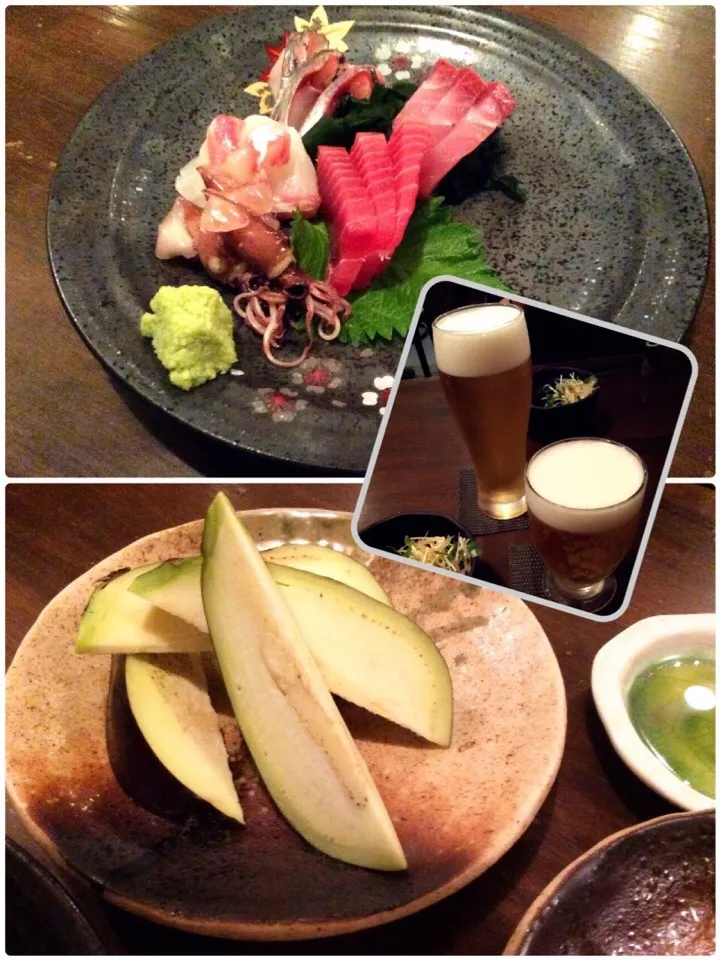 Snapdishの料理写真:生ビールで乾杯♡ お刺身&水なすの刺身 2015.5.7|キラ姫さん