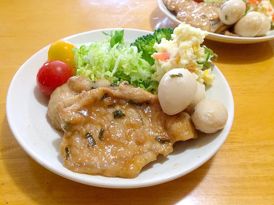 ともさんの料理 豚肉の甘酢焼き🎵とくみさんのカルピスポテサラ🎵|みきおさん