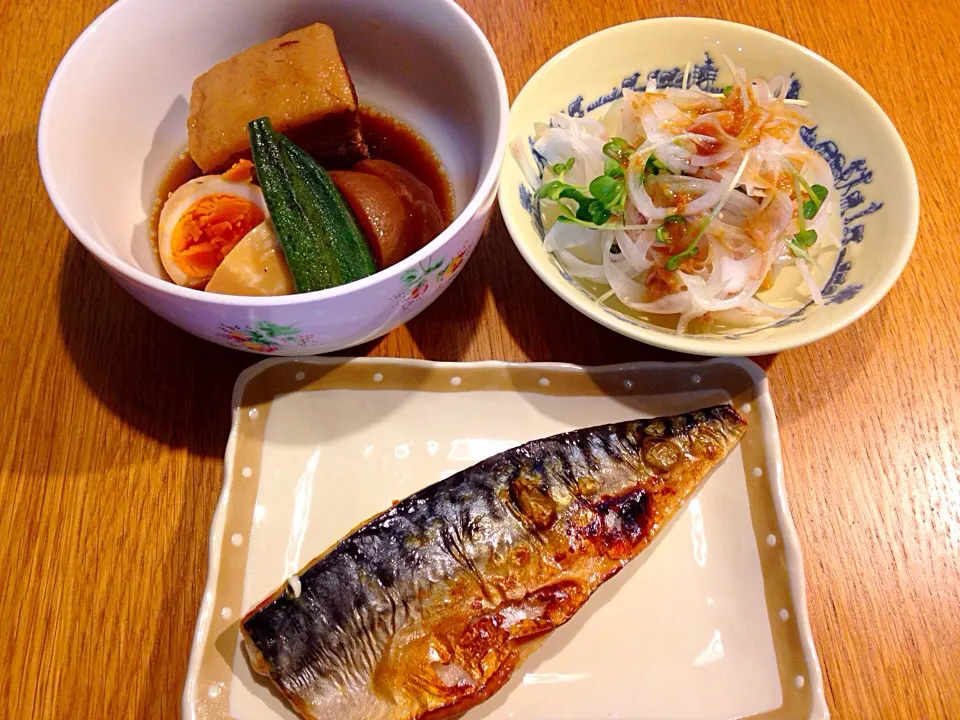 今日の夕飯  鯖の塩焼き  豚の角煮  新玉ねぎのサラダ|まつださんさん