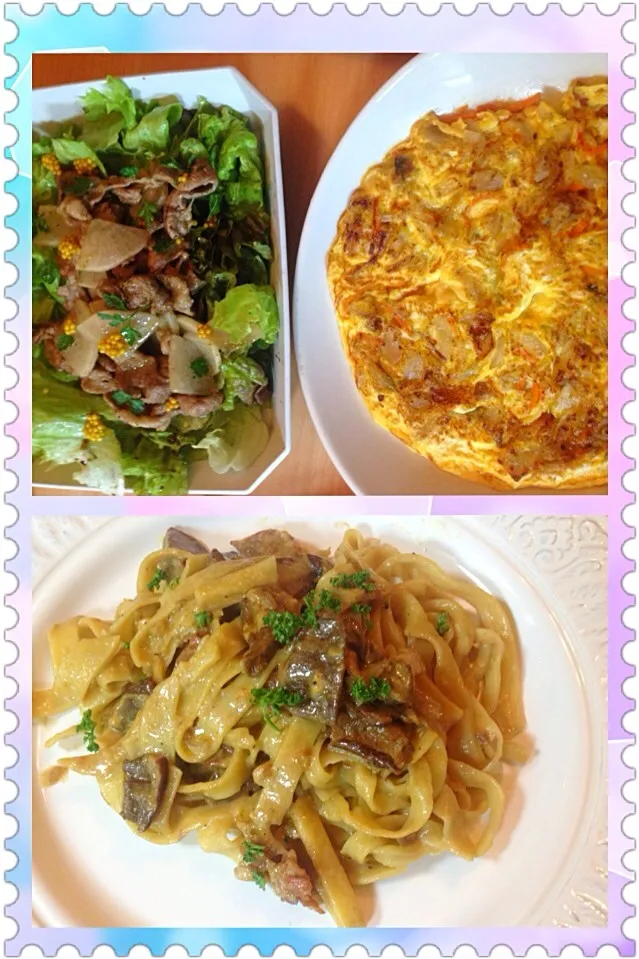 5/9の晩御飯。ラムのクミン風味サラダ、具だくさんオムレツ、ダーリン手打ちパスタボルチーニ茸のミルクソース！|カオカオさん