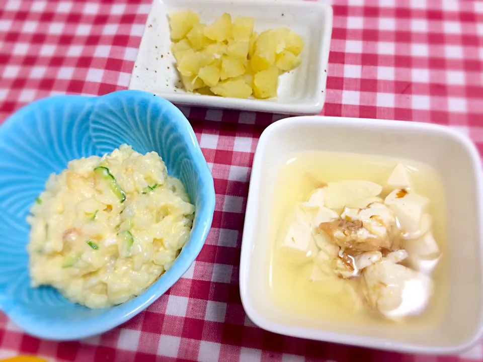 後期✡卵ときゅうり粥/さつまいもの甘露煮/お豆腐のお味噌汁|めだか🎶ママさん