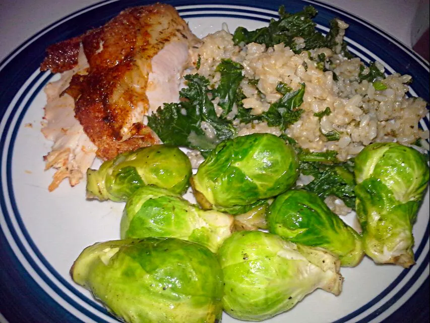 Free ranged chicken, organic brown rice with kale, and brussel sprouts.|Dawn Nelsonさん